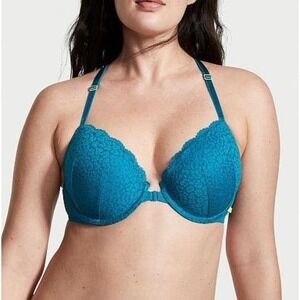 Victoria's Secret Teal Blue Lace Racerback Push Up Bra Front Clasp